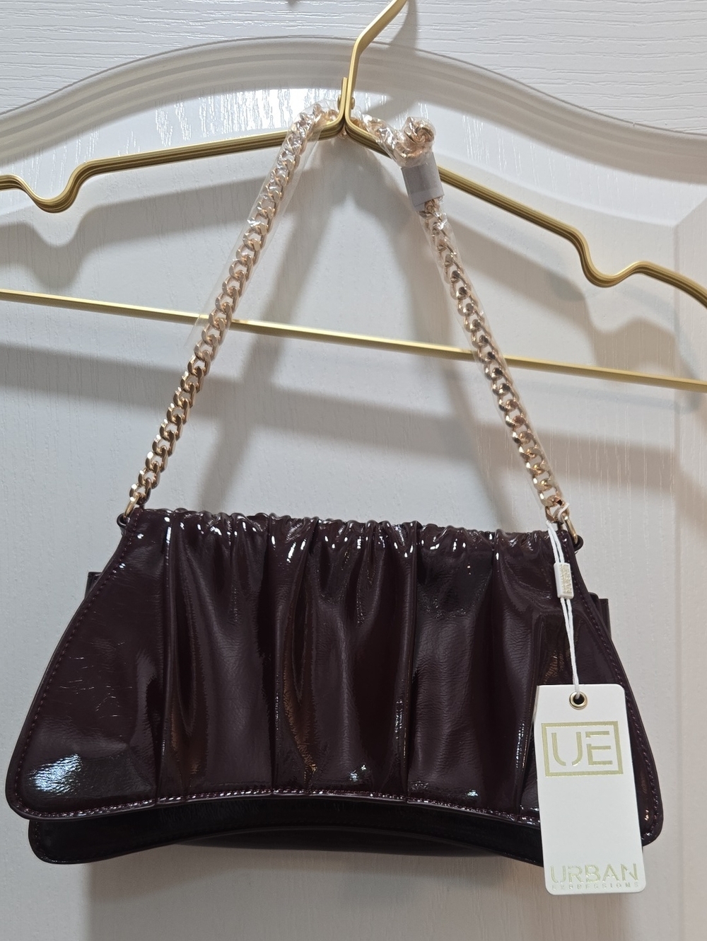 Urban Expressions Patent Shoulder Bag in Deep Plum with Gold Chain